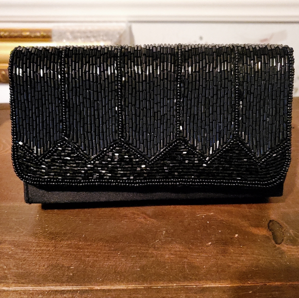 La Regale Black Satin & Black Beaded Evening Bag/Clutch